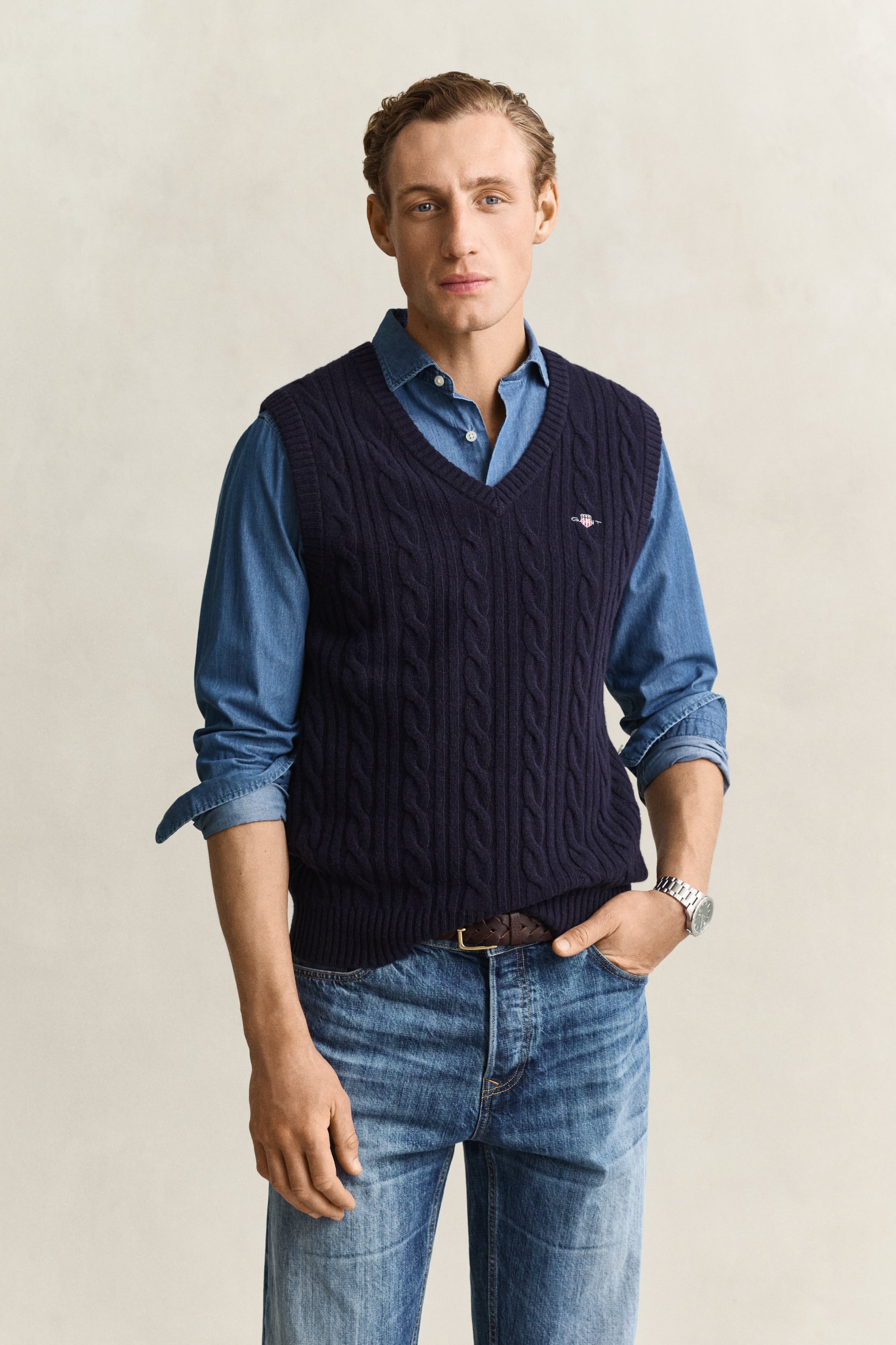 Lambswool Cable Knit Vest Gant EVENING BLUE | Official GANT Store